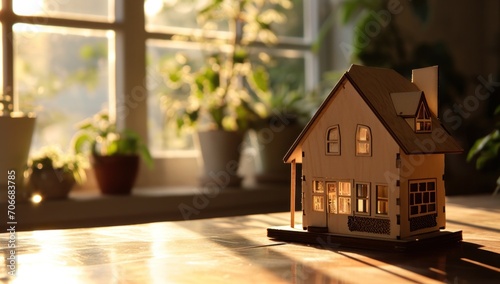 a wooden model of a house on a table with a window showing