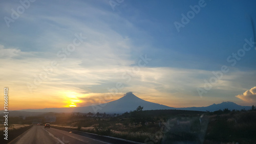 Popocatépetl volcano at sunset