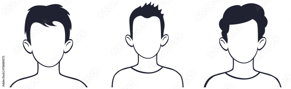 Profile of young man without face. Avatar web model character with different hairstyles and modern clothes and vector design Profile of young man without face. Avatar web model character with different hairstyles and modern clothes and vector design
