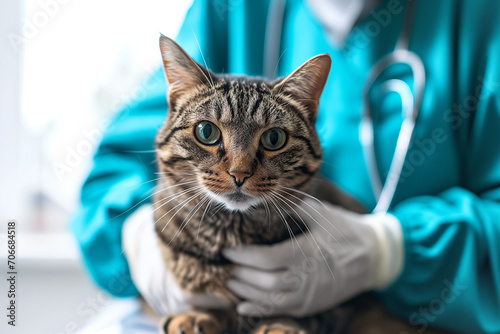 veterinarian with a stethoscope examines a fluffy cat in a veterinary clinic