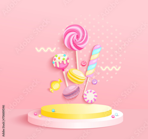 Sweet candy display podium for sweets.Round pedestal for advertise kids products. Template for promo poster,banner with sweets-candy,lollypop,macaroons on stage for presentations. Vector illustration