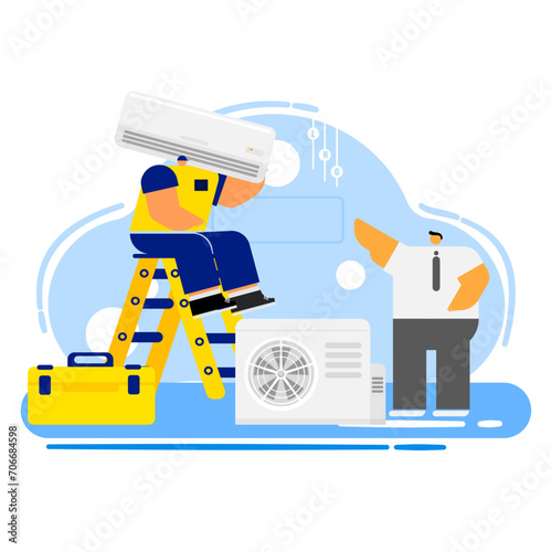 Cartoon of  the  air  conditioner technician  service activities.