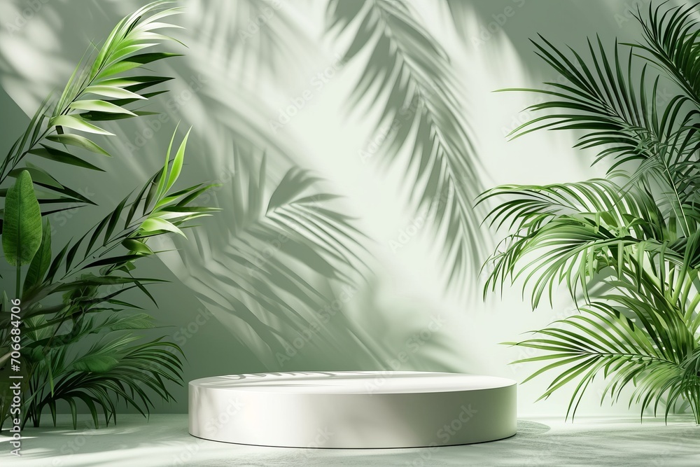 3d render of minimal product display podium with palm leaves shadow 3d render of minimal product display podium with palm leaves shadow