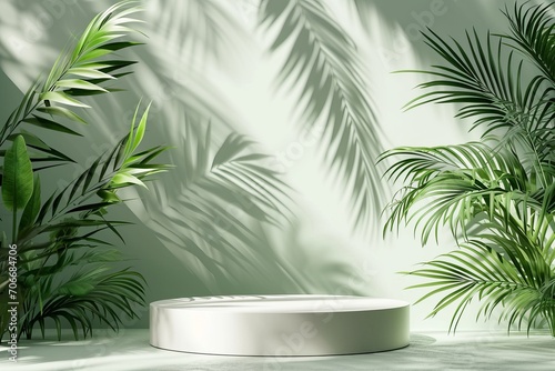 3d render of minimal product display podium with palm leaves shadow