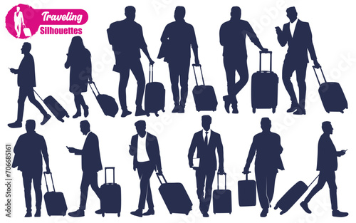 Traveling with Suitcase Silhouettes Vector illustration