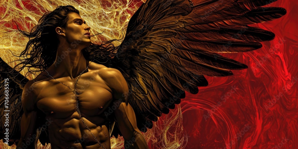 Highly Detailed Muscular Male Angel With Medium Long Hair Background 