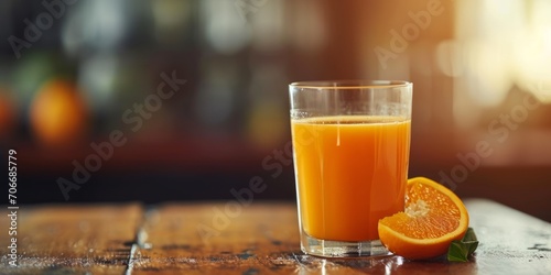 orange juice on wooden table Generative AI photo