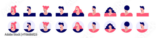 Male and female flat avatars. Character ugly heads with trendy hairstyles for web user portraits and social vector design