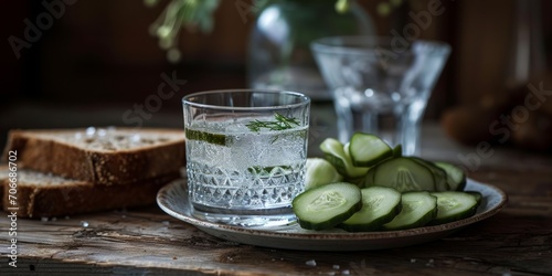 vodka in a glass with pickled cucumbers and bread Generative AI