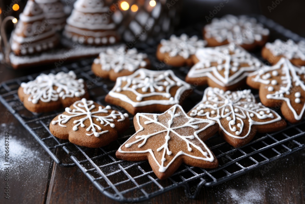 Intricately decorated gingerbread cookies on a rack, with blurred festive lights and ornaments in the background. Intricately decorated gingerbread cookies on a rack, with blurred festive lights and ornaments in the background.