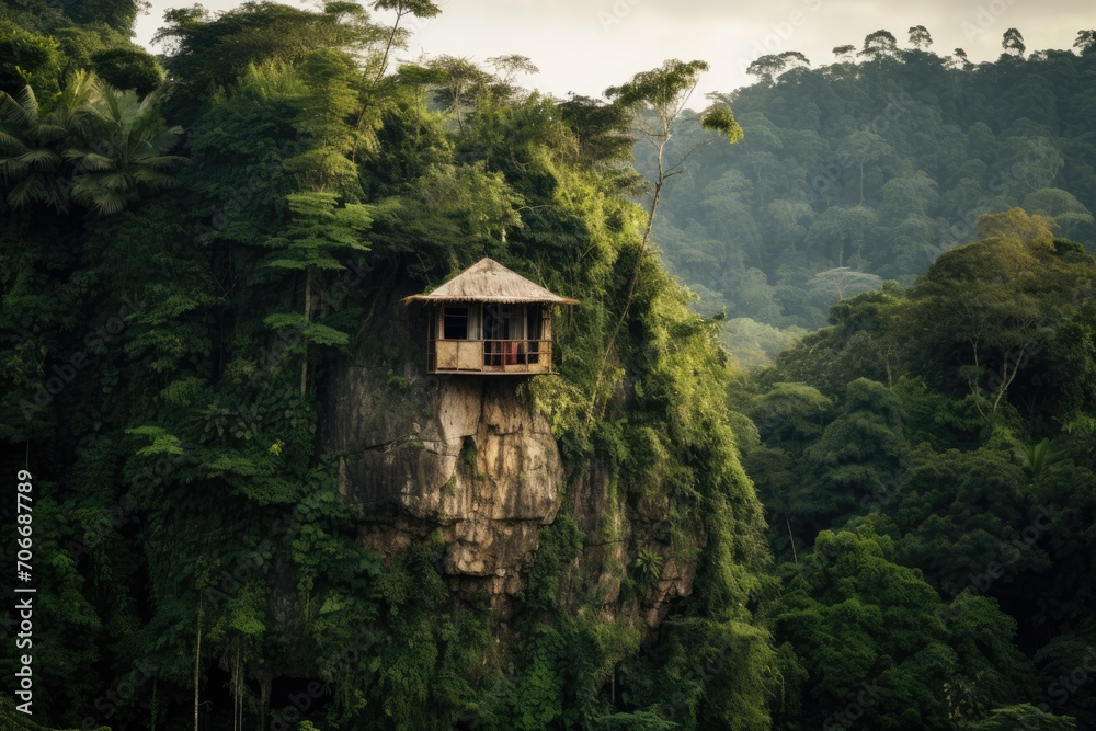 A thatched-roof hut perched on a mossy rock, surrounded by a dense, tropical forest. Isolation is conveyed by the image.