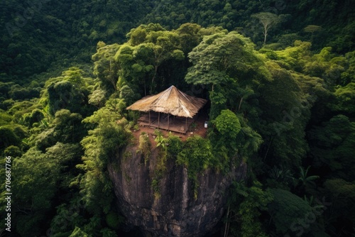 A thatched-roof hut perched on a mossy rock, surrounded by a dense, tropical forest. Isolation is conveyed by the image.