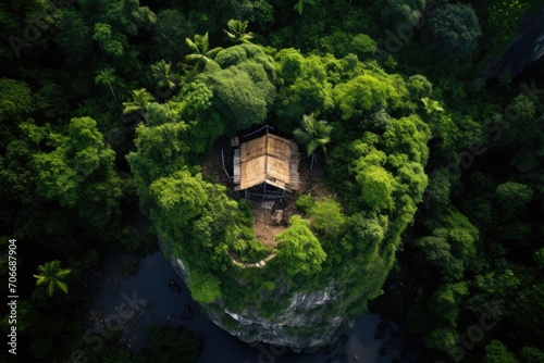 Aerial view of a hut on a rocky formation amidst dense tropical forest.