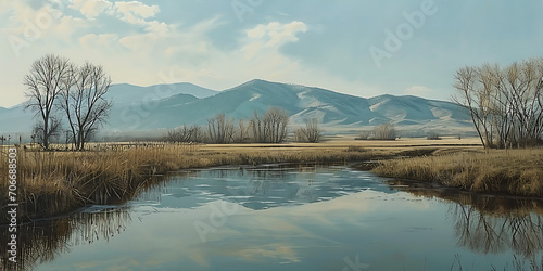 Uma pintura de paisagem serena retratando uma cena tranquila com montanhas, um lago reflexivo e uma paleta de cores suaves e pastéis.