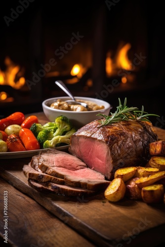 A succulent roast beef with vegetables, served beside a cozy, warm fireplace.