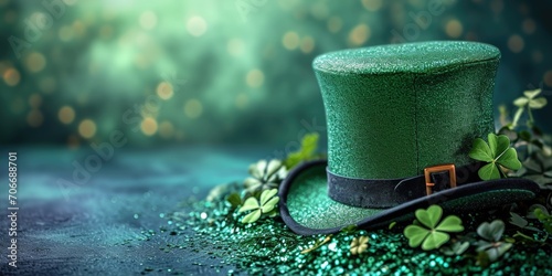 A green top hat sitting on top of a green table. St Patrick's Day wallpaper background with copy-space. photo