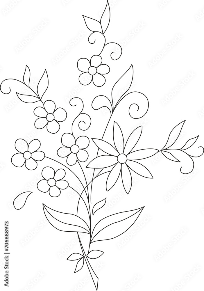 Bouquet of flowers in folk style. Hand drawing vector illustration. Graphic design of flowers. Monochrome black and white tattoo design. Decor for printing on tableware, clothing, stationery. Bouquet of flowers in folk style. Hand drawing vector illustration. Graphic design of flowers. Monochrome black and white tattoo design. Decor for printing on tableware, clothing, stationery.
