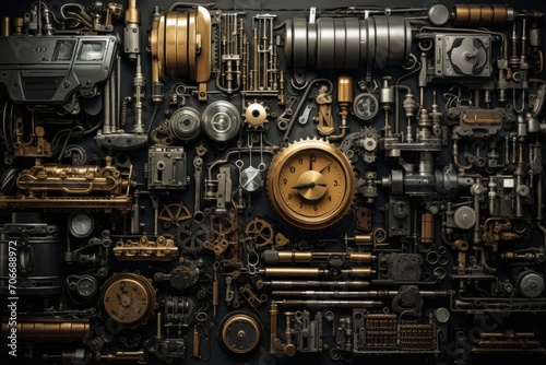 An intricate assembly of mechanical parts and gears, creating a steampunk aesthetic.