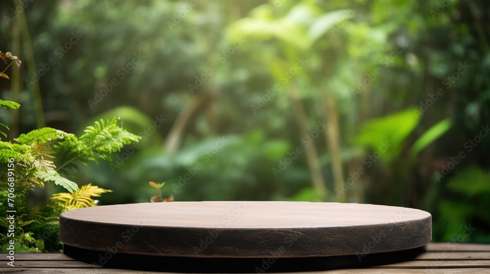 Table top wood counter floor podium in nature outdoors tropical forest garden blurred green jungle plant background.natural product present placement pedestal stand display. Generative Ai Table top wood counter floor podium in nature outdoors tropical forest garden blurred green jungle plant background.natural product present placement pedestal stand display. Generative Ai