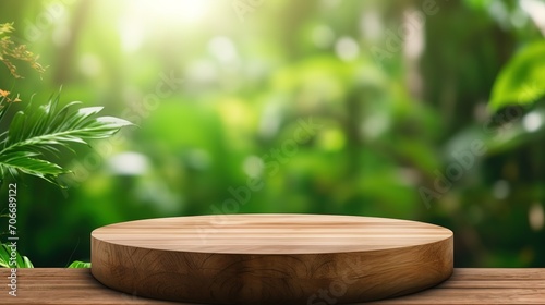 Table top wood counter floor podium in nature outdoors tropical forest garden blurred green jungle plant background.natural product present placement pedestal stand display. Generative Ai