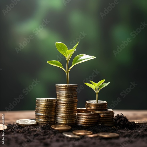 Seedlings growing on a stack of Coins with Concept of business growth, profit and development for success 
