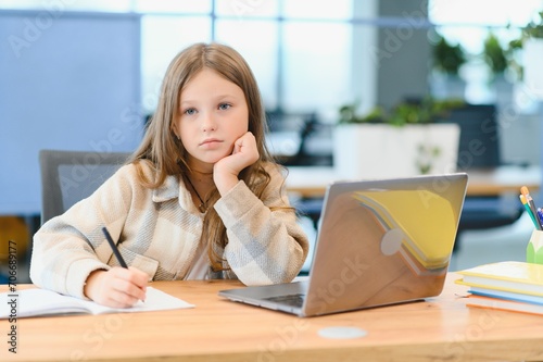 Wow, Online School. Happy Schoolgirl At Laptop Learning. Online Lesson And Educational Offer Posing At Home © Serhii