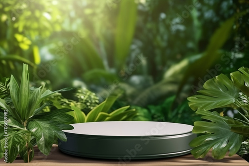 Podium pedestal in tropical forest garden green plant. Nature and Organic cosmetic and food presentation theme. Natural product present placement display