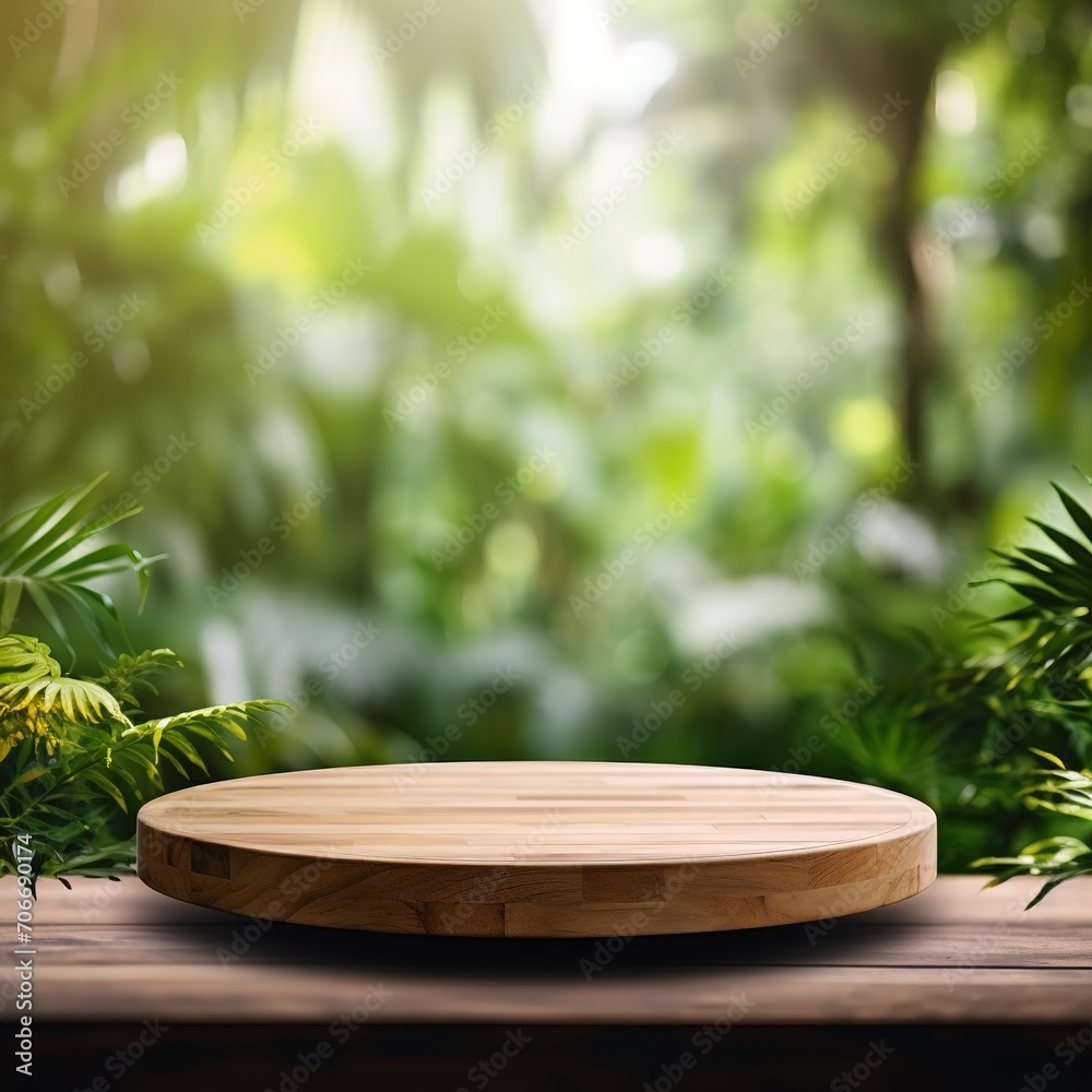 Table top wood counter floor podium in nature outdoors tropical forest garden blurred green jungle plant background.natural product present placement pedestal stand display. Generative Ai Table top wood counter floor podium in nature outdoors tropical forest garden blurred green jungle plant background.natural product present placement pedestal stand display. Generative Ai