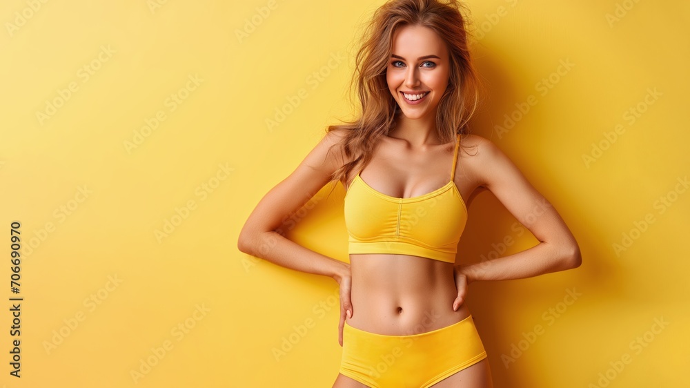 Slim caucasian woman in lingerie posing on plain studio yellow background, web banner Slim caucasian woman in lingerie posing on plain studio yellow background, web banner