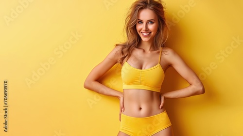Slim caucasian woman in lingerie posing on plain studio yellow background, web banner