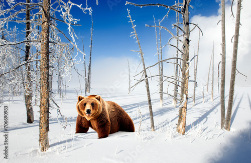 Brown bear in a snow-covered frozen forest © justasc