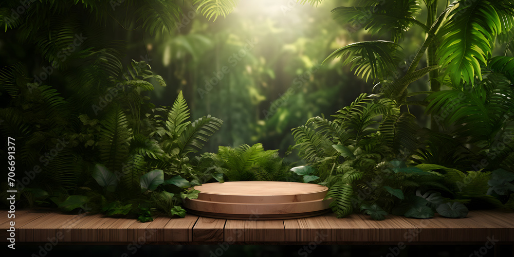 Fototapeta premium 3D background products display a podium stage with a geometric platform and tropical leaves. mockup