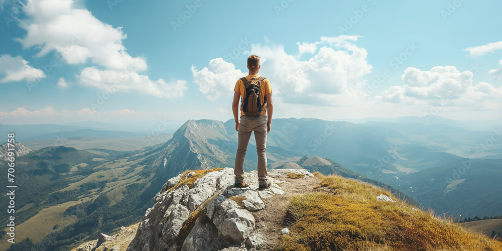 Happy young tall man with backpacks from behind standing and enjoying life in the mountains, man enjoying the view from top of mountain, close up back view.