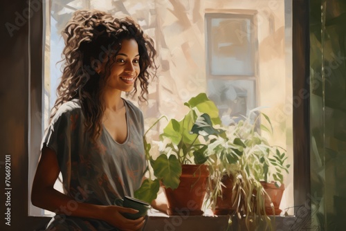 Young diverse woman taking care of green house plants at home. Millennial person holding potted plant. Gardening urban jungle hobby.	
