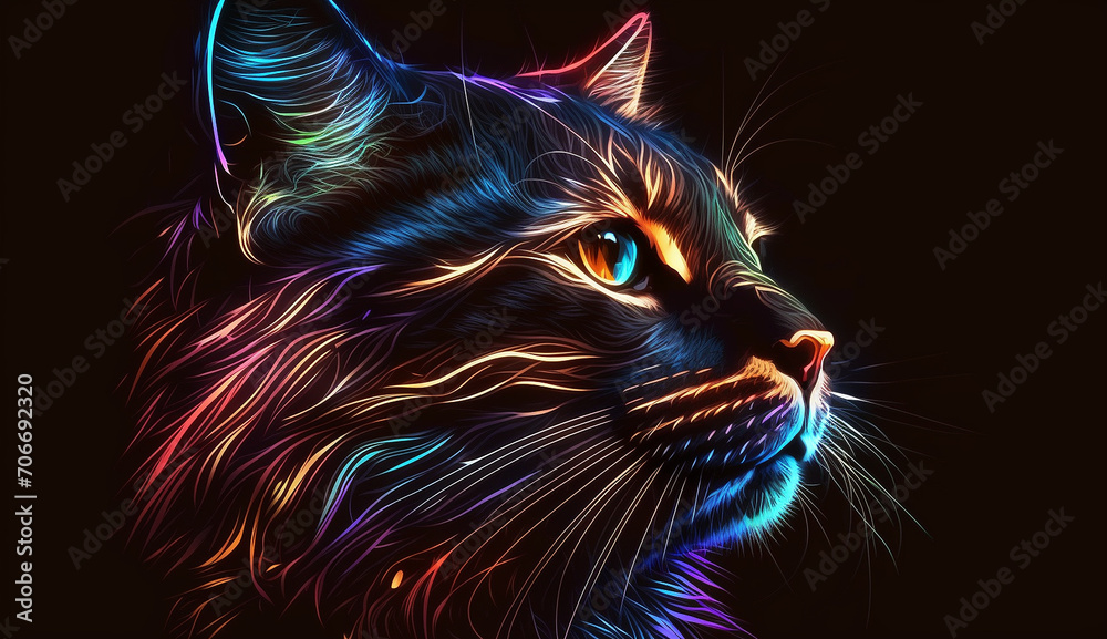 Colorful animal cat head neon style illustration picture