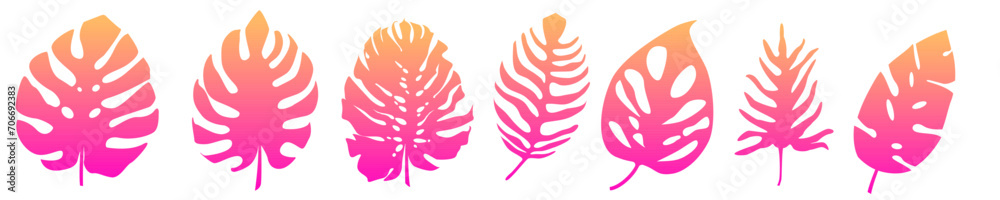 Obraz premium Set of vector illustration of tropical fern leaves pink gradient.