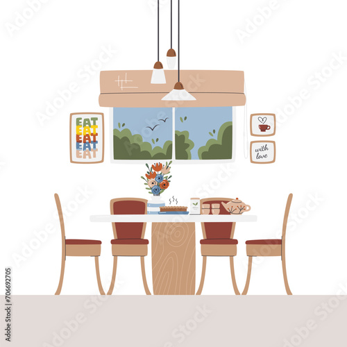 Cute dining room with furniture and tea ceremony set. Modern poster wall art next to window. Tea time home scene with served homemade food. Kitchen interior design hand drawn flat vector illustration