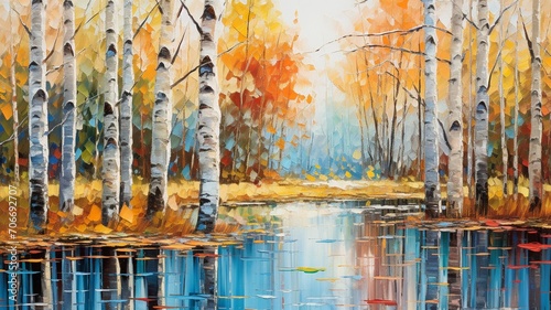 Colorful autumn forest trees lake abstract oil painting © DolonChapa