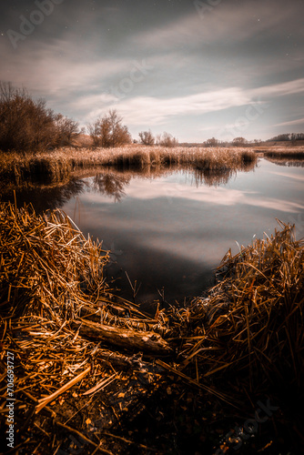 Night landscape . Yellow woods and trees . Autumn colors . Forest on the night time . Mystery lake and mystery forest 