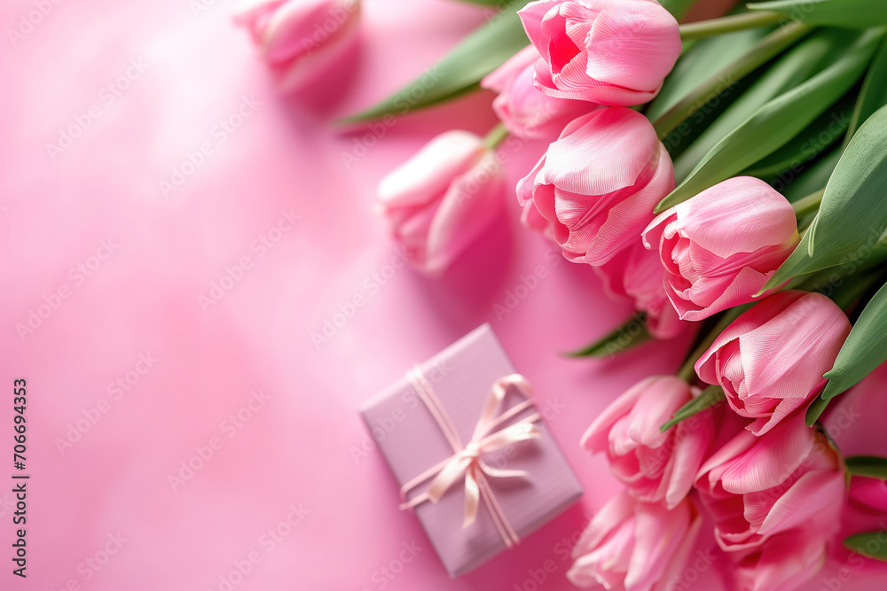 Pink tulips over pink background with gift - obrazy, fototapety, plakaty 