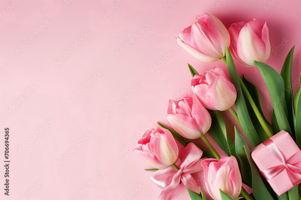 Soft pink tulips and gift box on pink