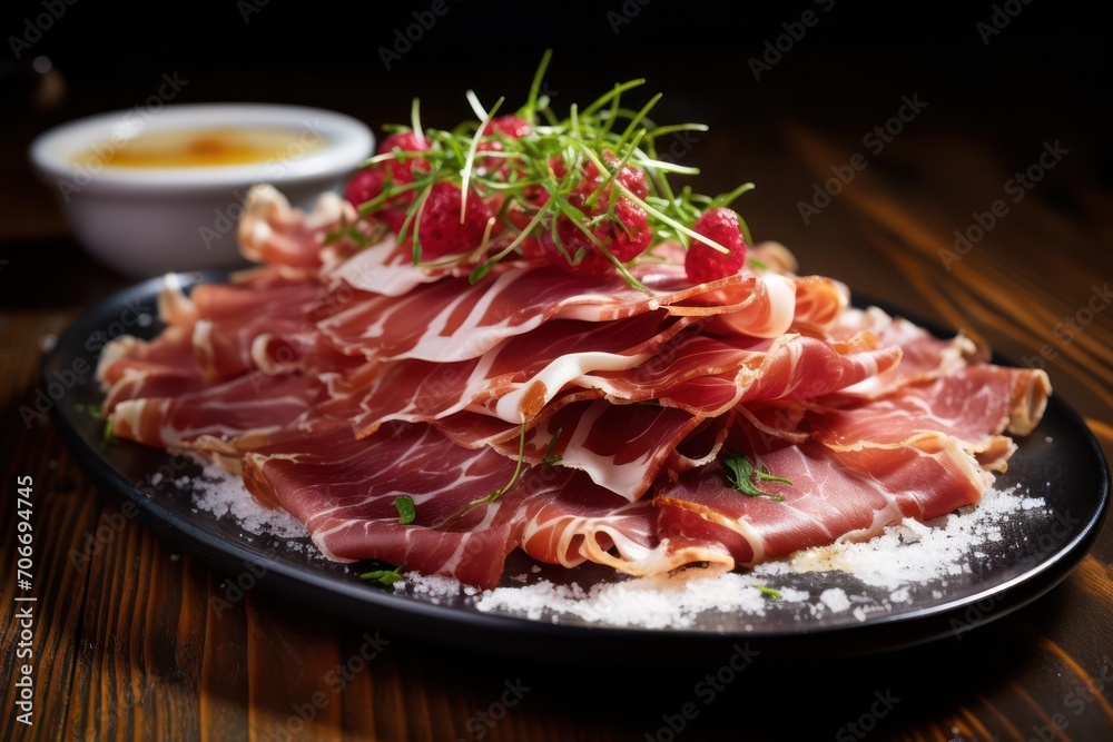 jamon iberico appetizer. Meat cold cuts plate served on a plate at party or friends dinner.