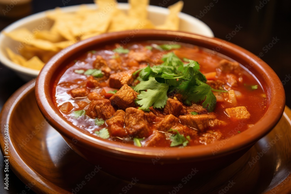 menudo or pancita mexican soup in a bowl at traditional restaurant in Mexico. Hispanic cuisine.