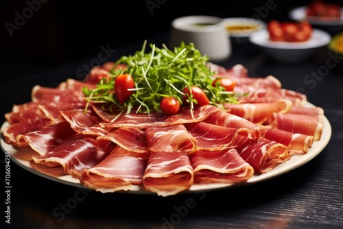 jamon iberico appetizer. Meat cold cuts plate served on a plate at party or friends dinner.