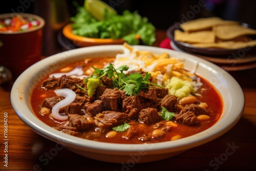 menudo or pancita mexican soup in a bowl at traditional restaurant in Mexico. Hispanic cuisine.