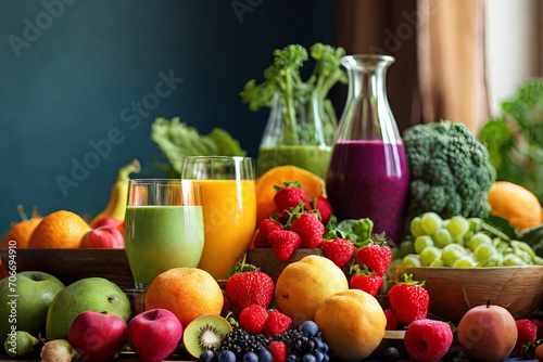 Healthy still life. Fruits  vegetables  yoga  and smoothies. A vibrant portrayal of wellness and a wholesome lifestyle. Perfect for health concepts.