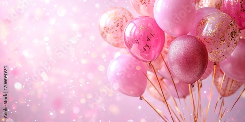 Pink balloons on pastel pink  background for party. Bokeh ligtht background. photo