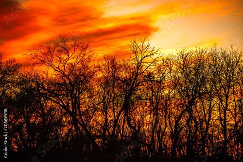 Sunset over the field . Golden sun in the woods . Green field . Red amd orange sky . Autumn landscape 