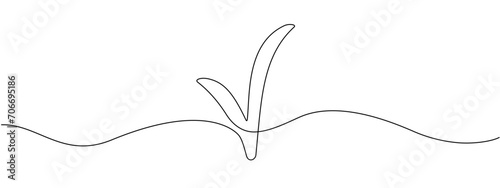 Check mark continuous line art drawing. Tick one line icon. Vector illustration.