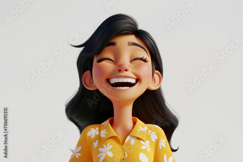 Happy smiling Indian cartoon character girl kid teenager young woman person in 3d style on light background. Cute funny people concept photo